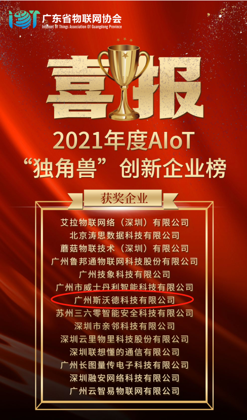 再摘殊榮！斯沃德科技獲“2021 AIoT獨(dú)角獸創(chuàng)新企業(yè)獎(jiǎng)”